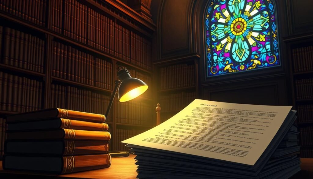 A dimly lit law library, bookshelves lining the walls, casting a warm, scholarly glow. In the foreground, a stack of legal tomes, their spines embossed with gold lettering, exuding an aura of authority and knowledge. A single desk lamp illuminates a hand-written document, its pages filled with intricate legal jargon, hinting at the impact of this specialized information. The middle ground features a figure, perhaps a lawyer or scholar, deep in contemplation, their face partially obscured, conveying the gravity and complexity of the subject matter. In the background, a large, stained-glass window casts a kaleidoscope of colors, adding a sense of timelessness and the weight of legal tradition. The overall mood is one of reverence, intellect, and the transformative power of legal knowledge.