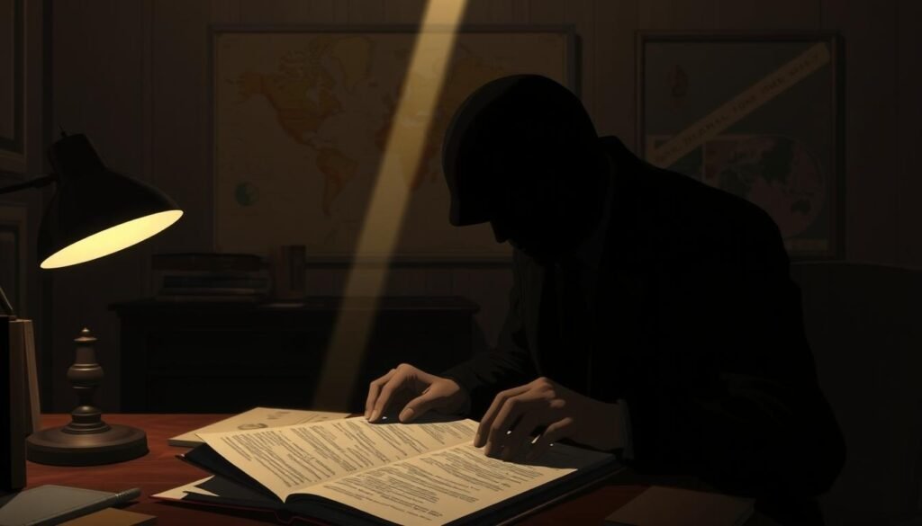 A dimly lit room, illuminated by the soft glow of a desk lamp. On the table, an open journal, its pages revealing the intricate web of espionage and diplomatic intrigue. In the foreground, a shadowy figure pores over classified documents, their features obscured, creating an air of mystery and tension. In the background, a world map hangs on the wall, hinting at the global scale of the events unfolding. The scene is bathed in a warm, sepia-toned palette, evoking a sense of historical gravitas. A single beam of light cuts across the room, adding depth and drama to the composition. The overall mood is one of intrigue, secrecy, and the weight of high-stakes decision-making.