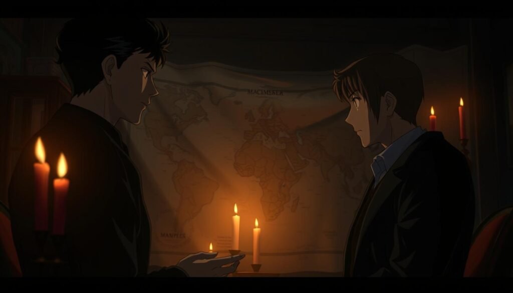 A dimly lit room, shadows cast across the faces of two friends engaged in a hushed conversation. One, a seasoned spy, the other, a trusted confidant. The air is thick with tension, their eyes locked, words unspoken, a delicate dance of trust and betrayal. In the background, a map unfurls, revealing the intricate web of their clandestine operations. Flickering candlelight casts an amber glow, lending an air of mystery and intrigue to the scene. The composition is balanced, the lighting dramatic, the mood palpable, capturing the essence of a story of espionage and friendship.