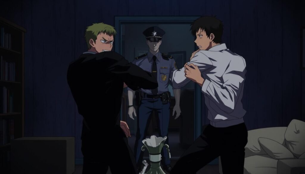 A dimly lit room, the scene of a heated dispute. In the foreground, two individuals engaged in a physical altercation, hands grasping at each other's clothing, expressions of anger and frustration etched on their faces. The middle ground reveals a shattered vase, a testament to the escalating tensions. In the background, a looming, ominous presence - a police officer, their uniform crisp, their expression stern, ready to intervene and make the necessary arrests. The lighting is harsh, casting deep shadows, adding to the tense, unsettling atmosphere. The camera angle is slightly elevated, giving a sense of detachment, as if observing the unfolding events from a distance.