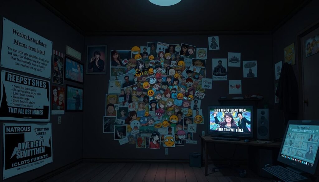 A dimly lit room, the walls adorned with a collage of memes gone wrong. In the foreground, a series of common meme mistakes: an overused template, a typo-riddled caption, a poorly cropped image. The middle ground showcases a jumble of meme elements - emojis, impact font, and stock photos - haphazardly combined. In the background, a flickering computer screen displays a meme that has been over-edited, its colors and contrast pushed to the extreme. The overall scene conveys a sense of digital chaos, a cautionary tale of the pitfalls of meme creation. Dramatic lighting and a moody, desaturated color palette heighten the sense of cautionary tale.