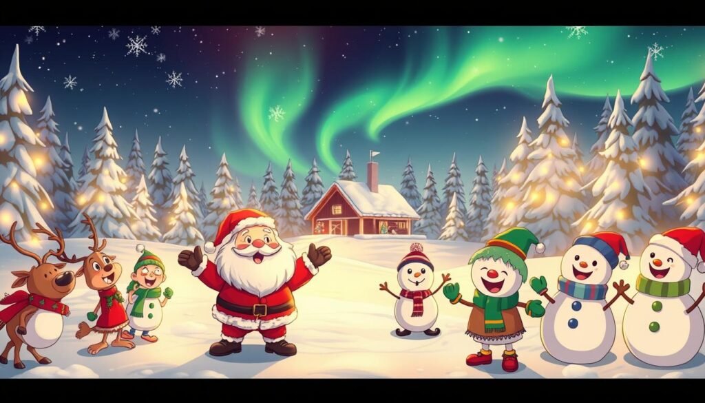 A festive scene of whimsical holiday humor, bathed in warm, soft lighting. In the foreground, a group of cheerful cartoon characters - Santa Claus, reindeer, elves, and snowmen - engaged in hilarious hijinks, their exaggerated expressions and comical poses radiating mirth and laughter. The middle ground features a snowy winter landscape, with a cozy cabin in the distance and twinkling lights adorning the trees. The background showcases a starry, aurora-filled sky, adding a touch of magic and wonder to the scene. The overall atmosphere is one of lighthearted, joyful celebration, capturing the essence of the holiday season.