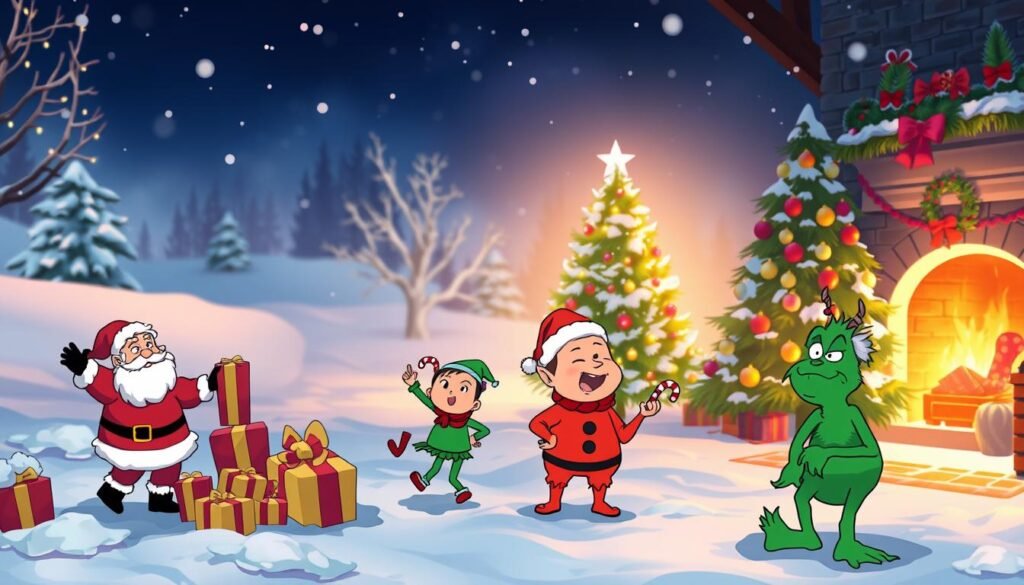 A festive winter scene with a cozy, cheerful atmosphere. In the foreground, a cluster of brightly colored memes depicting humorous holiday-themed characters and situations, such as a Santa Claus juggling presents, an elf doing a silly dance, and a grumpy Grinch. The middle ground features a snowy landscape with twinkling lights and a decorated Christmas tree. In the background, a warm, glowing fireplace casts a soft, inviting glow. The lighting is a mix of natural daylight and cozy, golden-hued indoor lighting, creating a welcoming and celebratory mood. The overall composition is whimsical and lighthearted, capturing the spirit of the holiday season.