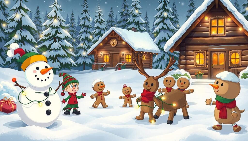 A festive winter scene with a group of quirky, animated characters engaged in humorous holiday activities. The foreground features a jolly snowman, a mischievous elf, and a clumsy reindeer entangled in twinkling lights. In the middle ground, a family of gingerbread people are engaged in a playful snowball fight, while in the background, a cozy log cabin is nestled among snow-covered pine trees, bathed in the warm glow of twinkling fairy lights. The overall mood is one of whimsical, lighthearted holiday cheer, perfectly capturing the spirit of viral holiday humor.