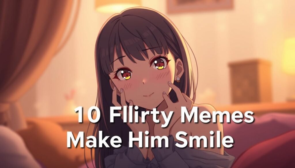 A flirty meme depicting a playful, charming young woman in a cozy, intimate setting. Soft, warm lighting casts a flattering glow on her features as she coyly glances at the viewer, her expression conveying a mischievous yet alluring demeanor. The background is hazy and out of focus, creating a dreamy, romantic atmosphere that complements the subject's flirtatious mood. The overall composition and styling evoke a lighthearted, captivating vibe perfect for a "Top 10 Flirty Memes to Make Him Smile" feature.