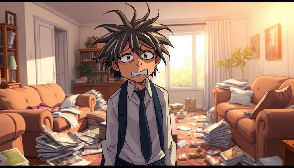 A frazzled and disheveled individual, still dressed in formal attire, stands amidst a chaotic living room on a Sunday morning. The foreground depicts the person's unkempt appearance, with messy hair, wrinkled clothes, and a distressed expression. In the middle ground, overturned furniture, scattered magazines, and discarded snack wrappers suggest a weekend of indulgence and relaxation gone awry. The background showcases a sun-drenched window, hinting at the transition from a productive weekday to a disorderly weekend. Soft, warm lighting casts a comical glow over the scene, emphasizing the humorous transformation from a put-together professional to a weekend-weary, relaxed state.