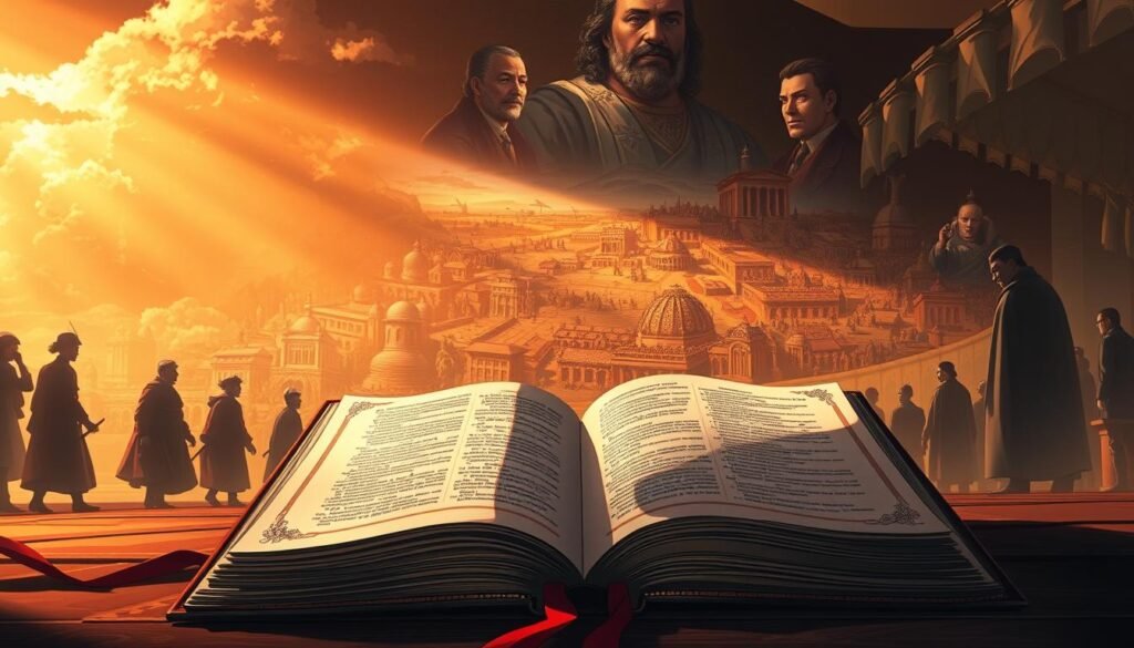 A grand historical landscape unfolds, where the weight of narratives casts shadows upon the present. In the foreground, an ornate tome lies open, its pages rippling with the energy of untold stories. Surrounding it, shadowy figures emerge, their expressions conveying the profound impact of these chronicles. In the middle ground, a tapestry of events unfurls, depicted in vivid, painterly strokes, as if the very fabric of time has been woven into a visually captivating display. The background is bathed in a warm, golden light, evoking a sense of timelessness and the enduring power of the written word. The overall atmosphere is one of reverence and contemplation, inviting the viewer to reflect on the ways in which historical narratives shape our understanding of the world.