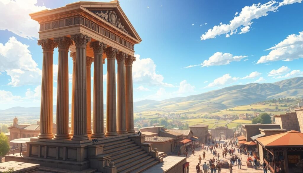 A grand, majestic scene depicting the historical significance of Saturdays. In the foreground, an ancient Roman temple dedicated to the god Saturn stands tall, its ornate columns and intricate carvings bathed in warm, golden light. In the middle ground, a bustling marketplace filled with merchants and artisans, a nod to the day's traditional association with commerce and trade. In the background, a sweeping vista of rolling hills and a clear, azure sky, symbolizing the day's connection to rest, relaxation, and the natural world. The overall atmosphere is one of reverence, celebration, and the timeless rhythms of human culture.