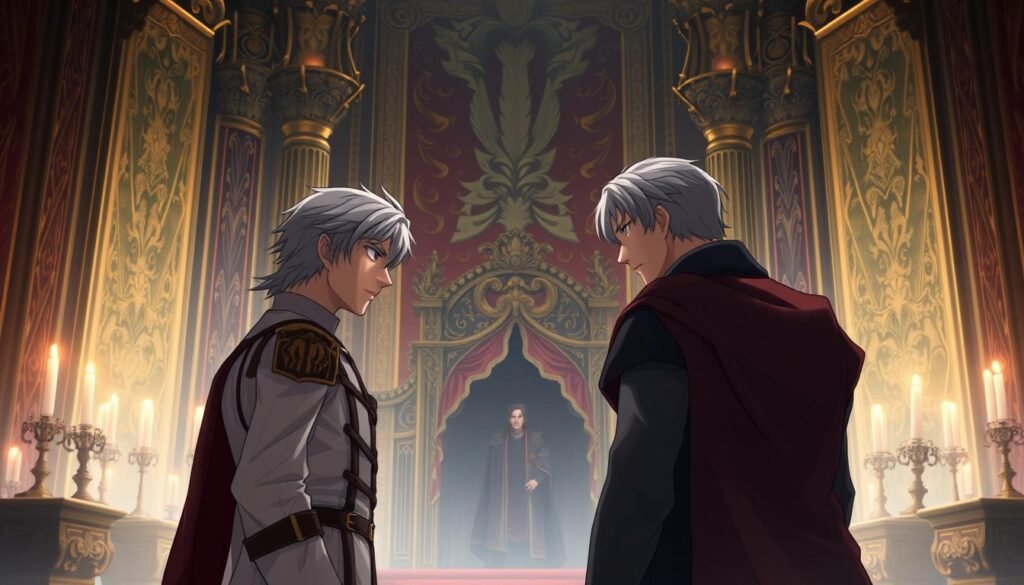 A grand, opulent throne room, bathed in warm candlelight and rich, ornate tapestries. In the foreground, two figures locked in tense negotiation, their expressions guarded and their body language tense. Behind them, a shadowy figure lurks, observing the proceedings with a calculating gaze. The air is thick with the weight of history, political machinations, and the looming specter of betrayal. The scene evokes a sense of high-stakes diplomacy, where alliances are forged and broken, and the fate of kingdoms hangs in the balance.
