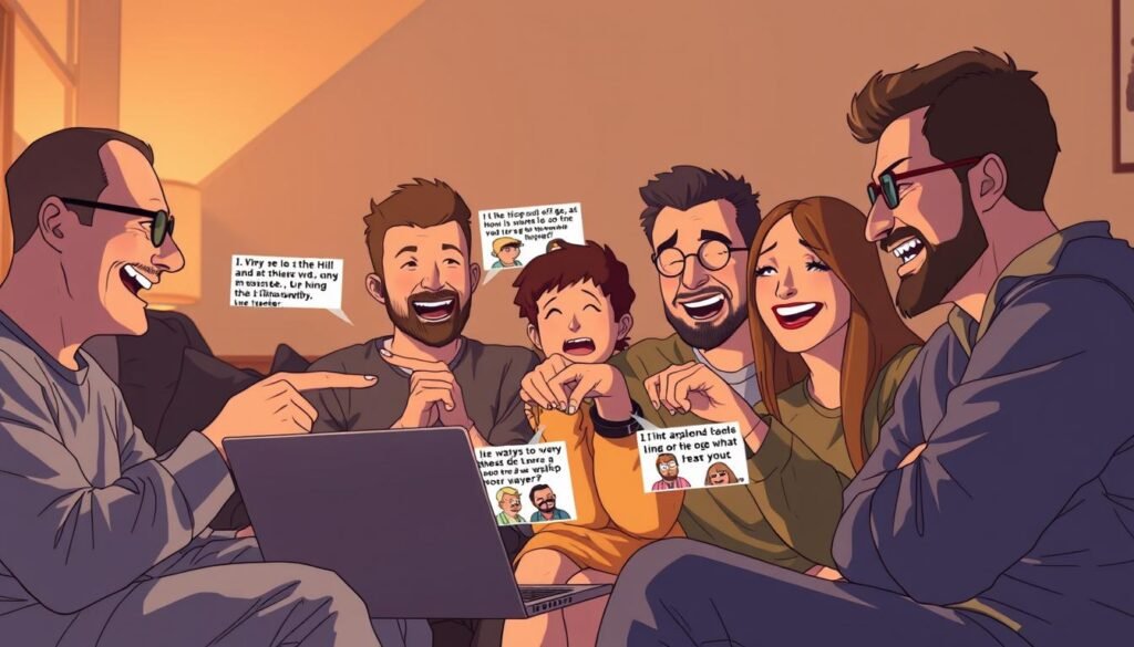 A group of friends gathered around a laptop, laughing and pointing at humorous King of the Hill memes on the screen. Warm, soft lighting illuminates their faces, creating an intimate, cozy atmosphere. In the background, subtle hints of a living room or den setting provide context. The friends' expressions convey a sense of shared amusement and camaraderie as they bond over their mutual appreciation for the iconic animated series. The composition emphasizes the social aspect of sharing and enjoying these relatable, nostalgic memes together.