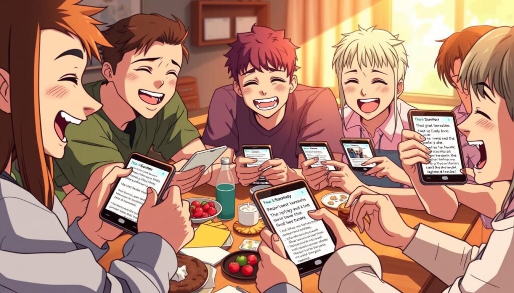 A group of friends gathered around a table, eagerly sharing and reacting to a series of hilarious memes displayed on their smartphones. The scene is bathed in a warm, natural lighting, creating a cozy and lighthearted atmosphere. The friends' expressions are animated, their faces lit up with laughter and delight as they scroll through the meme-filled screens. The table is cluttered with snacks and beverages, adding to the casual, social setting. The background is slightly blurred, keeping the focus on the engaging meme-sharing moment between the friends.