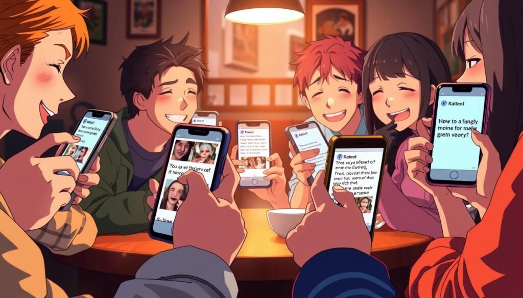 A group of friends gathered around a table, eagerly sharing humorous memes on their smartphones. The scene is bathed in a warm, cozy light, creating a convivial atmosphere. In the foreground, hands hold up their devices, the screens illuminating their faces with an animated glow. The middle ground features the friends leaning in, their expressions animated as they exchange witty comments and laughter. The background is slightly blurred, suggesting a casual, intimate setting like a living room or a cafe. The overall mood is one of camaraderie, laughter, and the joy of shared digital entertainment.