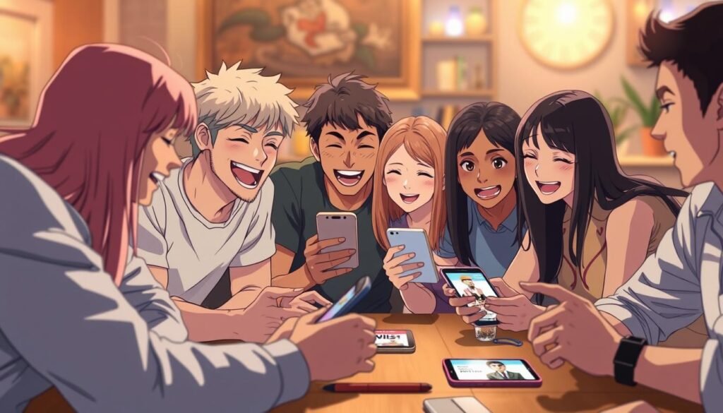 A group of friends gathered around a table, eagerly sharing memes on their smartphones. The scene is bathed in a warm, soft lighting, creating a cozy and inviting atmosphere. In the foreground, two people lean in, their faces lit with laughter as they exchange humorous digital content. In the middle ground, others join the conversation, their expressions animated and engaged. The background is blurred, keeping the focus on the social interaction of sharing memes and spreading laughter. The overall composition conveys a sense of camaraderie, humor, and the joy of connecting through the sharing of relatable, funny content.