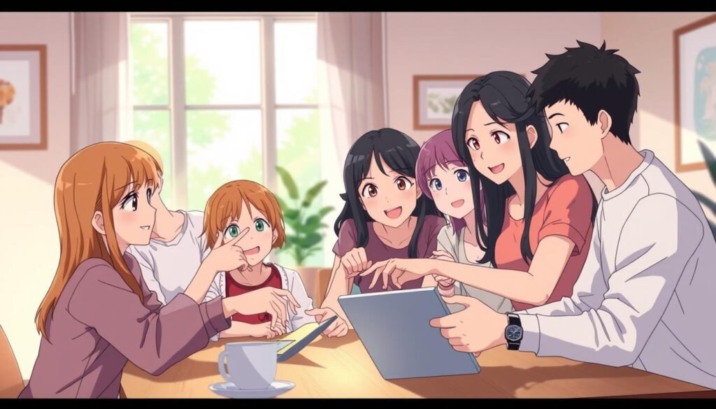 A group of friends gathered around a table, sharing a digital device and scrolling through content together. Soft natural lighting filters in through large windows, creating a warm, inviting atmosphere. The friends' expressions are engaged and animated as they point at the screen, discussing and interacting with the content. In the background, simple minimalist decor and a plant or two add a sense of comfort and coziness to the scene. The overall mood is one of camaraderie, collaboration, and the joy of sharing experiences with loved ones.