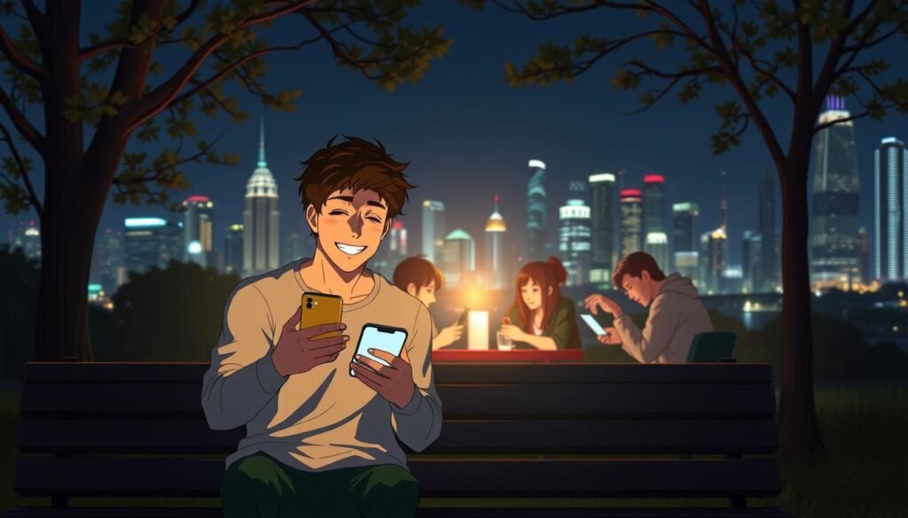 A heartwarming scene of memes as a unique love language. In the foreground, a couple sitting on a park bench, their faces illuminated by the warm glow of their smartphone screens as they exchange memes, their expressions filled with joy and shared understanding. In the middle ground, friends gathered around a table, laughing and bonding over the latest viral meme. In the background, a vibrant city skyline, with the night sky providing a romantic, moody atmosphere. The lighting is soft and diffused, creating a sense of intimacy and connection. The camera angle is slightly elevated, giving a bird's-eye view of the scene, capturing the essence of memes as a universal, shared experience that brings people together.