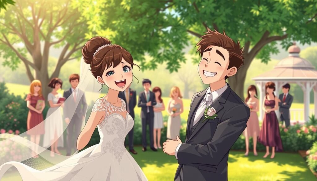 A lighthearted wedding scene set in a sun-dappled garden. In the foreground, a newlywed couple playfully poses, their expressions conveying a sense of joyful humor. The bride's dress is a vision of delicate lace, her veil billowing gently in a soft breeze. The groom, smartly attired in a tailored suit, leans in close, his face animated with a mischievous grin. In the middle ground, a small gathering of guests observes the couple, some chuckling and exchanging amused glances. The background features a lush, verdant landscape, with swaying trees and a hint of a picturesque gazebo, creating a dreamy, romantic atmosphere. The lighting is warm and natural, casting a golden glow over the entire scene.