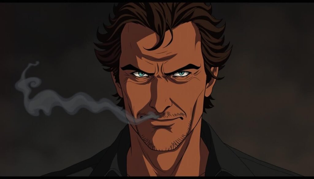 A middle-aged Matthew McConaughey, with his signature smirk, exhaling a plume of smoke against a moody, cinematic backdrop. The foreground captures his rugged good looks, chiseled jawline, and piercing gaze, conveying a captivating, enigmatic presence. The middle ground features subtle, atmospheric lighting that casts dramatic shadows, creating a sense of mystery and intrigue. The background blends hazy, abstract shapes and textures, evoking a dreamy, contemplative mood. The overall composition and tone evoke the iconic "McConaissance" era, perfectly capturing the essence of this beloved meme.