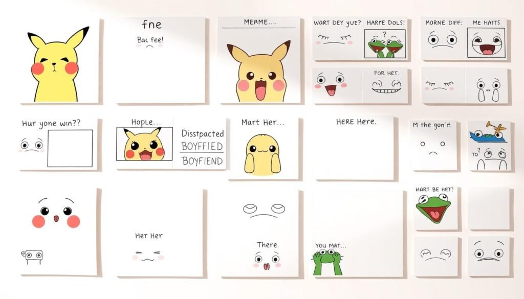 A neatly arranged collection of various meme templates against a clean, minimalist background. The templates are displayed in a grid layout, showcasing a diverse range of popular meme formats such as the distracted boyfriend, Pikachu surprised face, and the "Kermit sipping tea" meme. The templates are rendered with a subtle, hand-drawn aesthetic, giving them a playful and approachable feel. The lighting is soft and diffused, creating a warm, inviting atmosphere. The overall composition emphasizes the versatility and accessibility of these meme templates, suitable for the "Stick in Bicycle Meme" article's focus on providing free, customizable meme options.