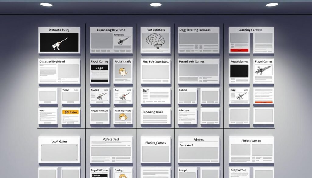 A neatly arranged grid showcasing a variety of meme format options, including classic templates like the "Distracted Boyfriend," "Expanding Brain," and "Doge." The formats are presented against a clean, minimalist background, allowing the designs to take center stage. The lighting is soft and evenly distributed, highlighting the crisp details and vibrant colors of the meme formats. The camera angle is slightly elevated, providing a bird's-eye view that emphasizes the organizational and informative nature of the image. The overall mood is professional and visually appealing, inviting the viewer to explore the diverse range of meme possibilities.