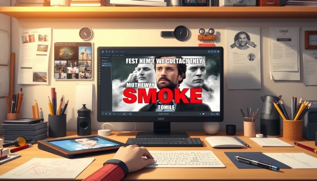 A neatly organized desktop with various digital art tools and supplies, including a stylus, tablet, and software interfaces. In the foreground, a hands-on tutorial demonstrates meme creation techniques, such as layering images, applying text overlays, and utilizing humor and pop culture references. The middle ground features a large, high-resolution display showcasing a well-crafted, visually striking meme that captures the essence of the "Matthew McConaughey Smoke" theme. The background is softly blurred, creating a focus on the central meme-making process. The overall scene is illuminated by warm, natural lighting, conveying a sense of creativity, productivity, and the joy of meme craftsmanship.