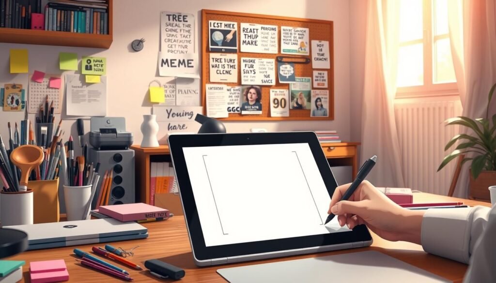 A neatly organized workspace with an array of digital drawing tools, from stylized brushes to custom typography. In the foreground, an open laptop displays a meme template, waiting to be personalized. Surrounded by colorful sticky notes, a designer's hand hovers over a drawing tablet, ready to inject their unique flair. Mid-ground features a corkboard adorned with inspirational memes, each one a testament to the art of digital expression. The background showcases a cozy, well-lit home office, conveying a sense of creative focus and productivity. Soft, directional lighting from a nearby window casts a warm, inviting glow, setting the stage for the meme customization process.