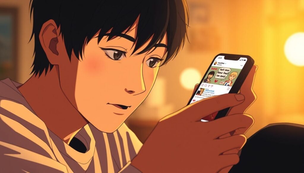 A person intently focused on their smartphone, scrolling through a feed of humorous memes and sharing them with their online social network. The scene is captured with a shallow depth of field, creating a soft, hazy background that draws the viewer's attention to the screen's vibrant display. Warm, diffused lighting illuminates the subject's face, conveying a sense of casual intimacy and engagement. The composition is balanced, with the subject positioned slightly off-center, creating a dynamic and visually appealing layout. The overall mood is one of lighthearted amusement and the joy of discovering and sharing entertaining digital content.