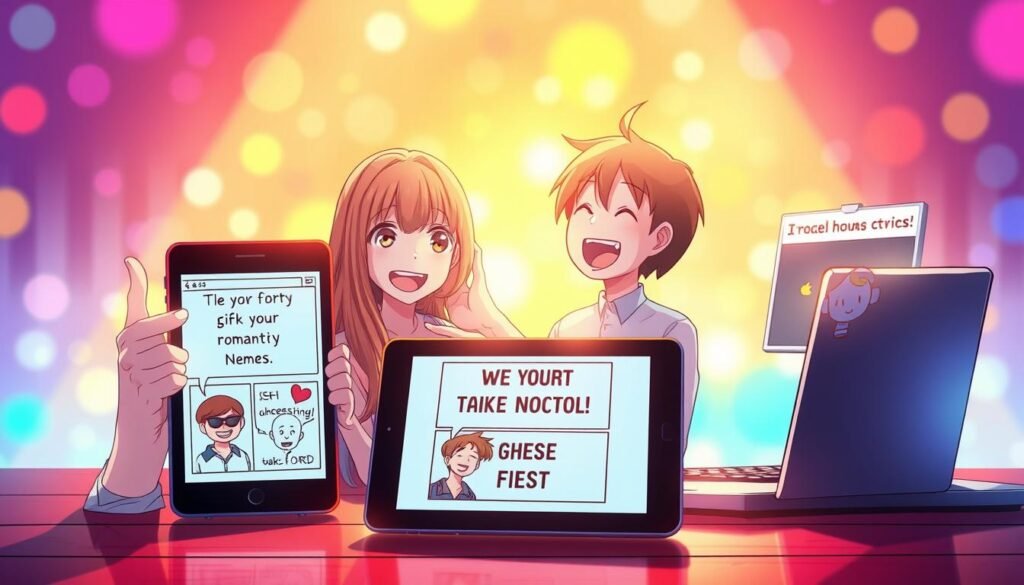 A playful and lighthearted scene of funny memes displayed on a variety of digital devices, including a smartphone, tablet, and laptop, against a vibrant and visually engaging background. The memes should feature humorous, flirty, and relatable content that would appeal to a romantic interest. Bright, warm lighting illuminates the scene, creating a cheerful and inviting atmosphere. The composition should be dynamic, with the devices positioned at different angles and the memes themselves conveying a sense of movement and energy. The overall aesthetic should be visually striking and optimized for the article's section on "Funny Flirty Memes That Will Make Him Laugh".