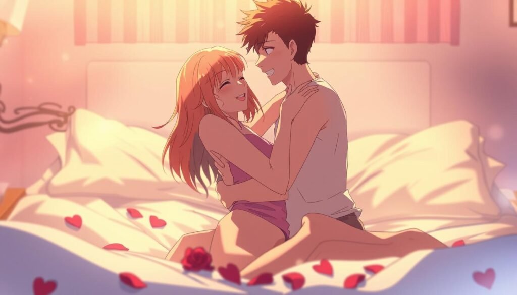 A playful, intimate moment between a couple, captured in warm, soft lighting. In the foreground, the pair embrace, their bodies intertwined, expressions radiating joy and affection. In the middle ground, subtle details come into focus - a tousled bed, a scattering of rose petals, hinting at a romantic setting. The background is gently blurred, creating a sense of privacy and exclusion from the outside world. The overall mood is one of tenderness, sensuality, and a deep, simmering connection between the two individuals.