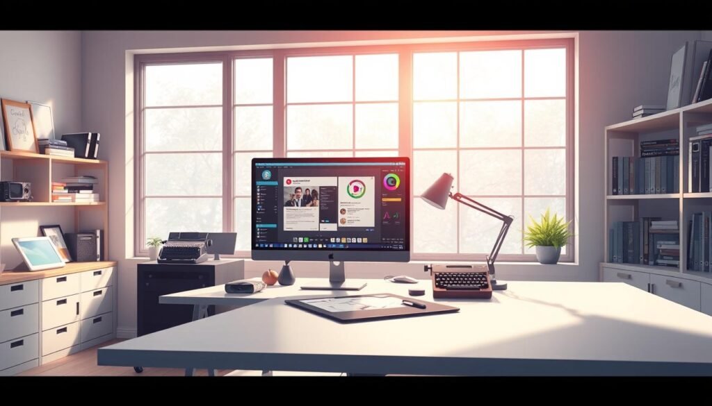 A professional, well-equipped meme creation workspace with a sleek, minimalist design. Bright, evenly-lit environment with large windows flooding the room with natural light. In the foreground, a high-end desktop computer and drawing tablet on a sturdy, clutter-free workstation. Shelves in the background display a curated collection of meme-making tools, from graphic design software to a vintage typewriter. The mood is one of focused creativity and efficiency, inviting the viewer to imagine themselves crafting the perfect viral meme.