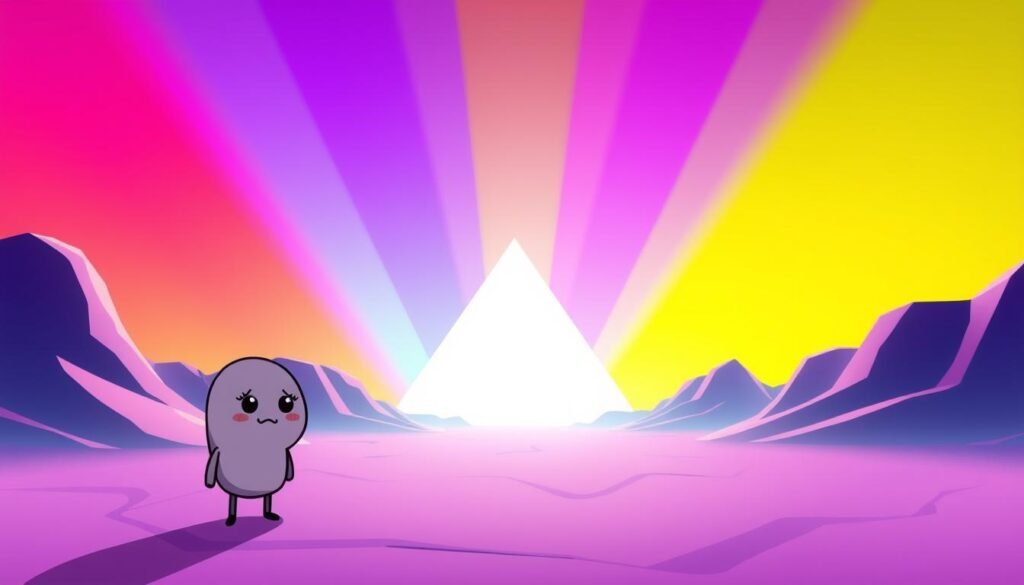 A quirky, minimalist meme-inspired scene set against a brightly lit, hyper-stylized background. In the foreground, a whimsical character in a simple, cartoonish style, conveying a playful, ironic expression. The middle ground features a minimalist, geometric design in vibrant, contrasting colors, evoking the visual language of internet memes. The background is a bold, gradient-filled landscape, with a sense of depth and dimensionality. The overall composition strikes a balance between playful absurdity and visual sophistication, capturing the spirit of meme humor. Rendered with a clean, digital aesthetic and crisp, high-resolution details.