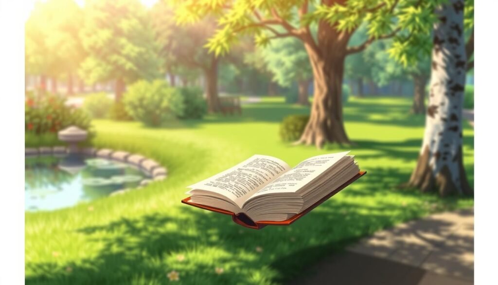 A serene park setting with lush greenery and a tranquil pond in the background. In the foreground, a stylized, high-quality book cover floats effortlessly, its pages open, inviting the viewer to download and immerse themselves in its captivating content. The scene is illuminated by warm, natural lighting, creating a sense of inviting opportunity and potential for discovery. The overall atmosphere exudes a feeling of excitement and anticipation, conveying the joy and value of accessing this free literary experience.