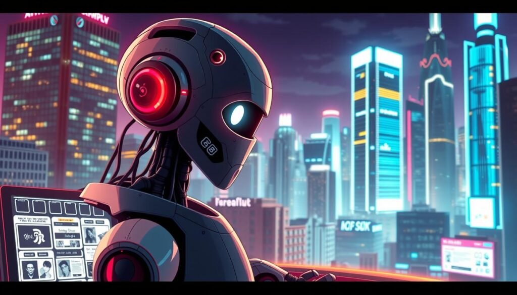 A sleek, futuristic AI-powered meme generator set against a vibrant, neon-lit cityscape. In the foreground, a stylized robot head with glowing, intelligent eyes hovers over a high-tech control panel, its robotic arms manipulating digital images and meme templates. The middle ground features a dynamic, ever-changing display of memes and viral content, with bold, typographic elements and vibrant colors. In the background, the skyline is dotted with towering skyscrapers, their windows reflecting the pulsing, cyberpunk-inspired ambiance. Dramatic lighting casts dramatic shadows, adding depth and a sense of advanced technological prowess to the scene.
