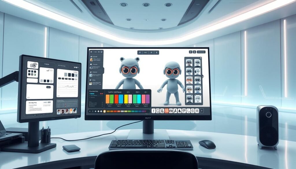 A sleek, modern computer workstation with a large, high-resolution display showcasing a sophisticated meme customization interface. The foreground features an intuitive, minimalist UI with various editing tools, color palettes, and customizable templates. The middle ground depicts a 3D model of a popular meme character, allowing for dynamic poses and expressions. The background showcases a clean, futuristic environment with subtle holographic elements, creating an immersive and technologically advanced atmosphere. Crisp lighting from multiple angles highlights the details and creates depth, while a cinematic camera angle emphasizes the powerful capabilities of this advanced meme customization platform.