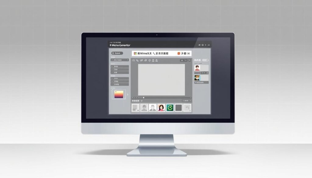 A sleek, modern desktop computer screen displaying a stylized "Meme Generator" interface. The screen is set against a minimalist, gray background with subtle grid patterns. The UI features intuitive controls, customizable templates, and a simple, yet powerful image editing suite. Soft, diffused lighting illuminates the scene, creating a clean, professional atmosphere. The overall composition conveys the ease and versatility of creating memes using a digital tool, perfectly capturing the essence of the "What is a Meme Generator?" section.