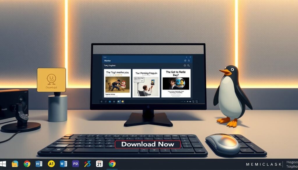 A sleek, modern desktop interface with several prominent meme download options prominently displayed. The foreground features a variety of stylized download buttons and icons, including a "Download Now" call-to-action button. The middle ground showcases thumbnails of popular meme templates, while the background has a subtle pattern or texture that adds depth and sophistication. Warm, diffused lighting creates a welcoming atmosphere, and the camera angle provides an eye-level perspective, inviting the viewer to engage with the content. The overall aesthetic is clean, minimalist, and visually appealing, reflecting the high-quality nature of the "Toy Story Penguin" meme download experience.