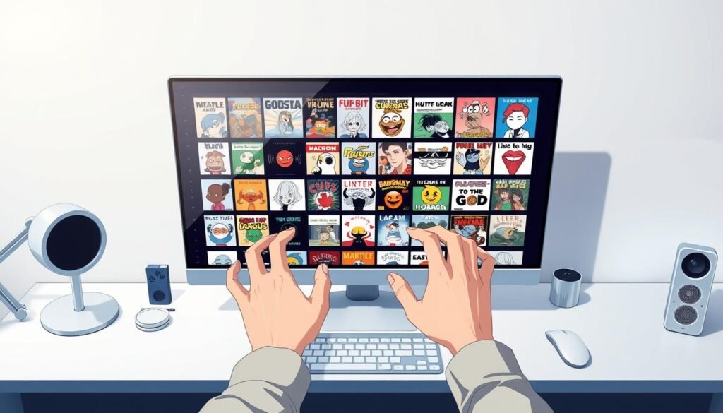 A sleek, modern desktop setup with a large, high-resolution display. On the screen, a collection of meme templates in various styles and genres - classic internet memes, pop culture references, and abstract designs. The user's hands are visible, hovering over the screen, carefully selecting and customizing the templates with precise movements, adding their own unique touches and flourishes. The lighting is soft and diffused, creating a comfortable, creative atmosphere. The camera angle is slightly elevated, giving a birds-eye view of the workspace, emphasizing the focus and attention to detail in the customization process.
