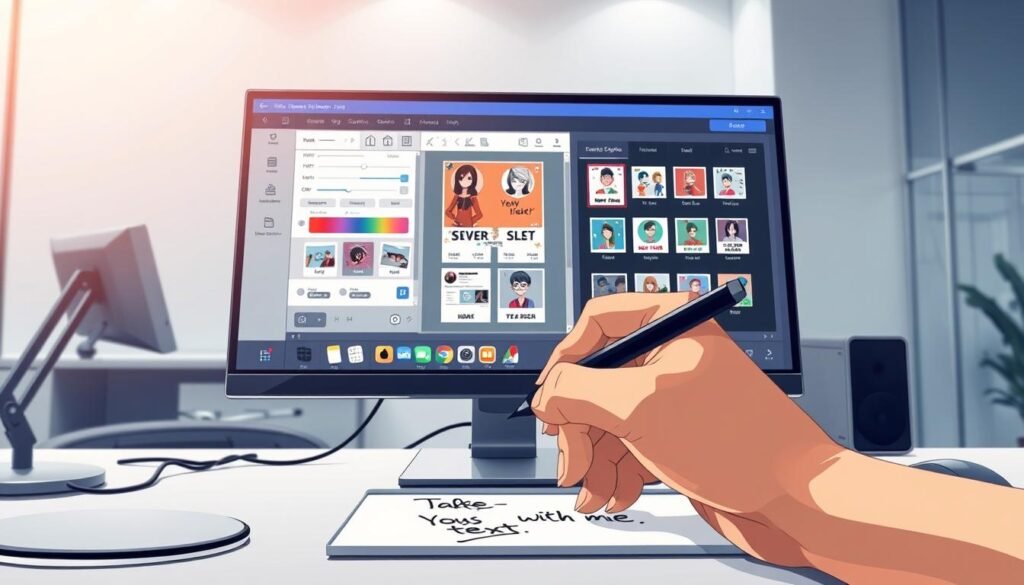 A sleek, modern desktop setup with a stylized computer monitor displaying a meme customization interface. The screen shows various editing tools, color palettes, and customizable meme templates. In the foreground, a high-quality close-up of a hand using a digital stylus to add text and embellishments to the meme. The background features a minimalist, well-lit office environment with subtle hints of technology, such as cables or a mouse. The overall mood is one of creativity, digital fluency, and the seamless integration of meme creation into a professional, productive workspace.