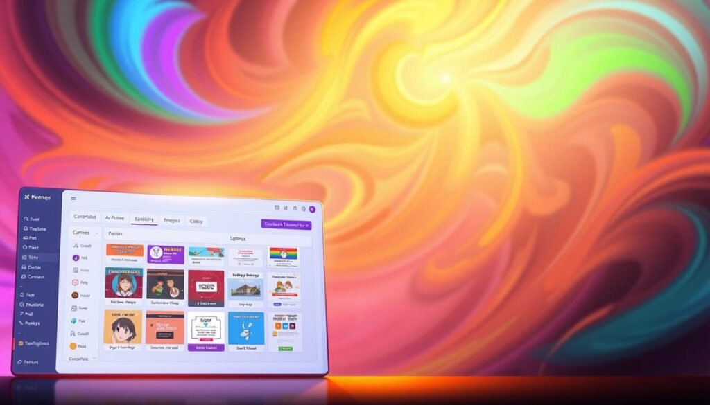 A sleek, modern meme generator interface against a backdrop of vibrant, swirling colors. In the foreground, an intuitive dashboard with customizable templates, tools, and sharing options, bathed in warm, diffused lighting. The middle ground features a curated gallery of popular meme formats, each one a visual punchline waiting to be filled. In the background, a dynamic, kaleidoscopic pattern of shapes and gradients, evoking a sense of creativity and endless possibilities. The overall mood is one of user-friendly empowerment, inviting the viewer to unleash their inner meme-making genius with ease and flair.