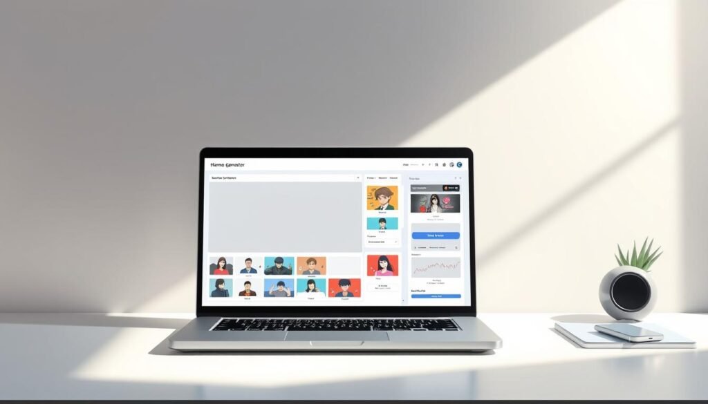 A sleek, modern meme generator interface displayed on a laptop screen, positioned on a minimalist desk with clean lines and a neutral color palette. The screen shows a simple, intuitive design with various customization options, allowing the user to effortlessly create their own unique memes. The scene is illuminated by soft, directional lighting that casts subtle shadows, creating a sense of depth and dimensionality. The overall atmosphere is one of efficiency, creativity, and ease of use, capturing the essence of a powerful yet user-friendly meme-making tool.