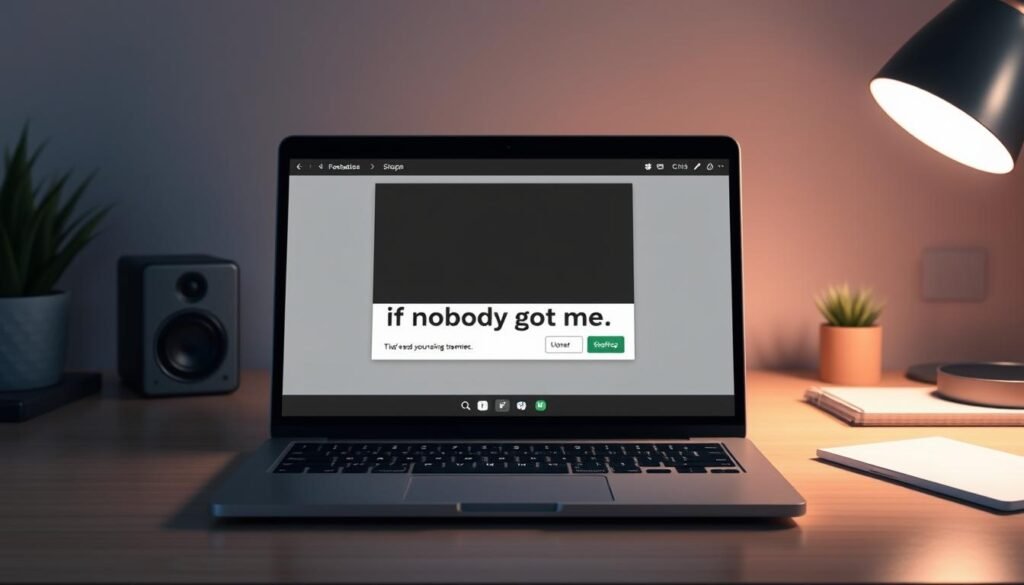 A sleek, modern meme generator interface displayed on a laptop screen, set against a minimalist workspace backdrop. The display showcases a customizable meme template with a humorous "if nobody got me" caption, inviting the user to personalize and share the meme. Soft, diffused lighting illuminates the scene, creating a welcoming, inspirational atmosphere. The overall composition emphasizes simplicity, creativity, and the effortless process of meme generation, aligning with the step-by-step guide's focus on a free, accessible meme-making experience.