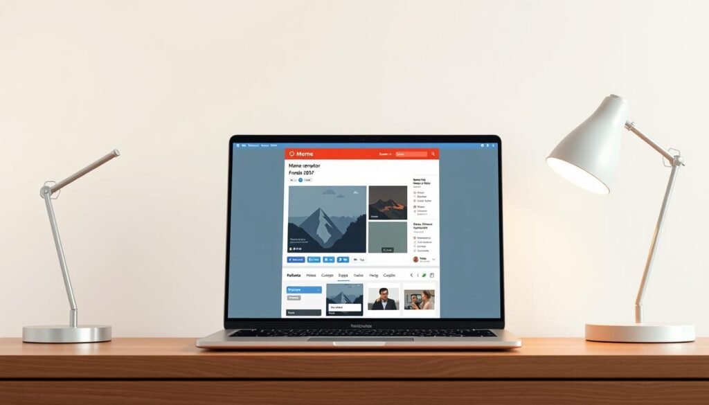 A sleek, modern meme generator interface displayed on a laptop screen, surrounded by a minimalist, minimalist workspace. The screen shows a clean, intuitive design with customizable templates, image upload options, and sharing capabilities. The laptop is positioned on a simple, wooden desk, with a minimalist desk lamp providing warm, diffused lighting. In the background, a plain, neutral-toned wall creates a calm, uncluttered atmosphere, allowing the meme generator interface to take center stage. The overall scene conveys a sense of efficiency, creativity, and the tools needed to easily create and share engaging memes.