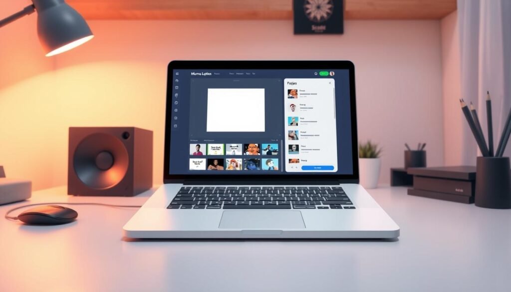 A sleek, modern meme generator interface displayed on a laptop screen, surrounded by a minimalist workspace. The screen shows a customizable template with various meme-making tools, allowing the user to easily create their own memes from scratch. The workspace is well-lit, with a soft, diffused lighting that creates a warm and productive atmosphere. The laptop is positioned at a slight angle, conveying a sense of focus and engagement. The overall scene evokes a sense of creativity, experimentation, and the empowerment of the user to express themselves through the art of meme-making.