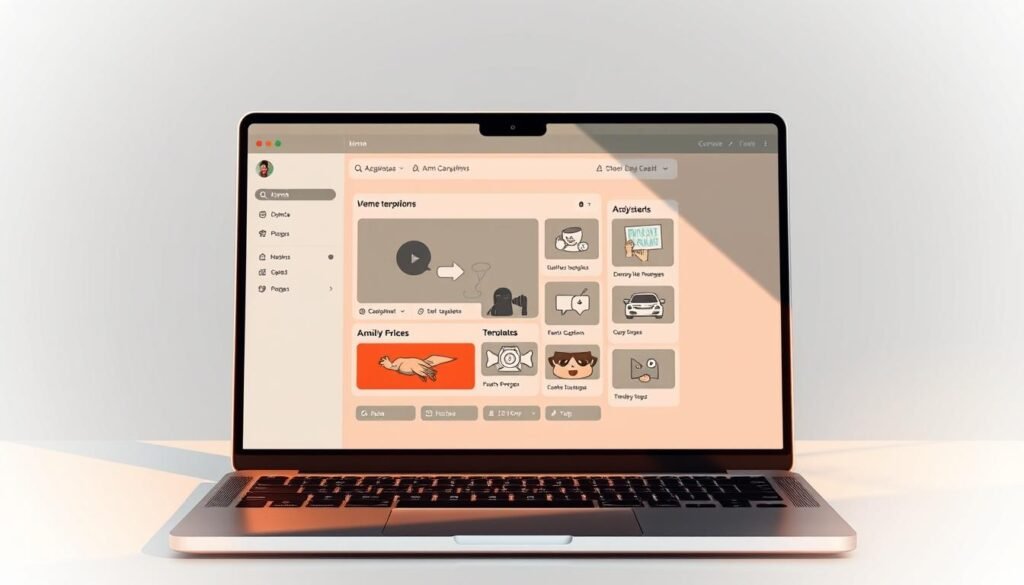A sleek, modern meme generator interface displayed on a laptop screen, surrounded by a neutral gray background. The UI features a clean and intuitive layout with various customizable templates, including humorous captions, meme-style images, and dynamic design elements. The screen is bathed in warm, directional lighting, casting subtle shadows and highlights that accentuate the minimalist aesthetic. The composition is balanced, with the meme generator UI taking center stage, allowing the user to envision the creative possibilities of this versatile tool beyond just creating memes.