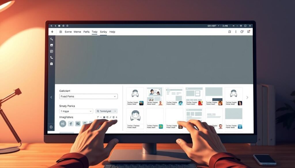 A sleek, modern meme generator interface displayed on a large desktop computer screen. The foreground showcases the meme creation tools - text input fields, image upload options, and a selection of stylized templates. In the middle ground, a user's hands are visible, skillfully manipulating the interface elements. The background depicts a minimalist, well-lit workspace with clean lines and subtle textures, creating a professional and productive atmosphere. Warm, diffused lighting illuminates the scene, casting soft shadows and highlighting the details of the hardware and software. The overall impression is one of a powerful, intuitive meme generation tool that empowers users to create engaging visual content.