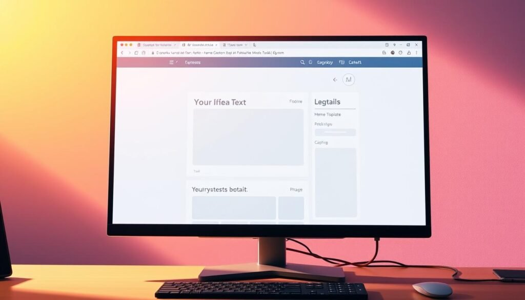A sleek, modern meme generator interface displayed on a large desktop monitor, bathed in warm, directional lighting from the side. The screen shows a customizable template with placeholders for text and images, hinting at the versatility of the tool beyond just meme creation. The minimalist design and intuitive layout suggest an easy-to-use, powerful platform for visually expressing ideas. The overall scene conveys a sense of creativity, productivity, and the potential to elevate everyday digital content beyond the realm of just memes.