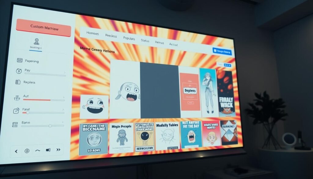 A sleek, modern meme generator interface displayed on a large, high-resolution screen. The foreground features various customization tools and options, with intuitive icons and a clean, minimalist design. The middle ground showcases a selection of popular meme templates, each with a distinct and humorous visual style. The background depicts a vibrant, visually striking pattern or gradient, creating a sense of energy and creativity. The lighting is soft and diffused, casting a warm, inviting glow over the entire scene. The camera angle is slightly elevated, providing a dynamic and engaging perspective.