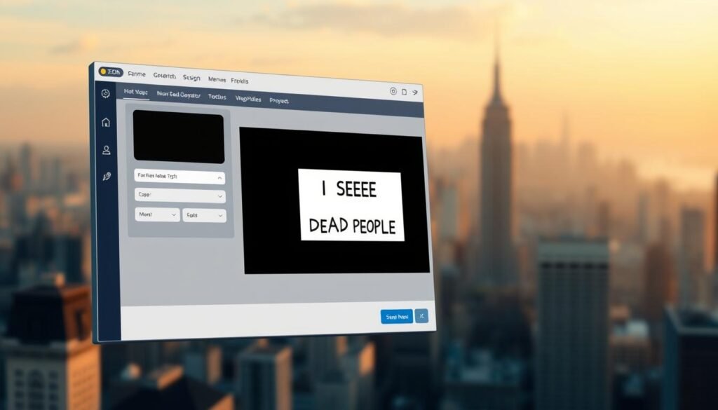 A sleek, modern meme generator interface floating against a soft, blurred background. The foreground displays a simple, intuitive design with clean lines, bold colors, and user-friendly controls. The middle ground features a large, high-resolution preview window showcasing a minimalist "I See Dead People" meme, its content clear and legible. The background is a tranquil, out-of-focus cityscape, creating a sense of depth and sophistication. Warm, directional lighting casts subtle shadows, adding depth and dimension to the scene. The overall mood is one of streamlined efficiency and creative potential, inviting the user to effortlessly generate and customize their own memes.