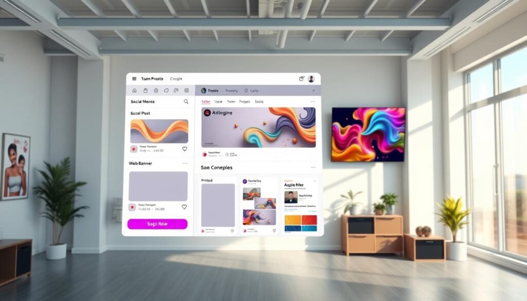 A sleek, modern meme generator interface floating in a minimalist, light-filled workspace. The foreground features a clean, intuitive design with customizable templates, editing tools, and sharing options. The middle ground showcases several creative project examples - a social media post, a web banner, and a printed flyer. In the background, a large display screen displays a vibrant, abstract digital art piece, hinting at the versatility of this meme generator for a wide range of design projects. The scene is illuminated by soft, directional lighting, creating a professional, inspiring atmosphere for crafting visually engaging content.