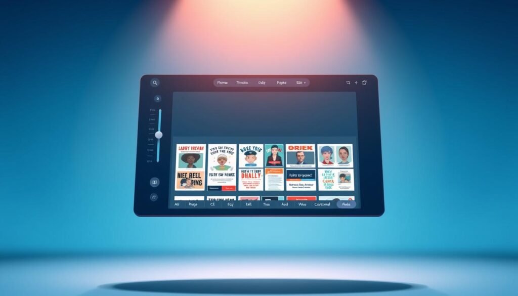 A sleek, modern meme generator interface floating in a stylish, minimalist digital workspace. The foreground features a clean, intuitive control panel with sliders, buttons, and a large central display panel. In the middle ground, a variety of humorous, trending meme templates are neatly organized and selectable. The background is a soft, slightly blurred gradient in shades of blue, creating a sense of depth and focus on the meme creation tools. Warm, directional lighting illuminates the scene, casting subtle shadows and highlights to accentuate the elegant, high-tech aesthetic. The overall mood is one of effortless creativity and the power to craft the perfect "big boob" meme.