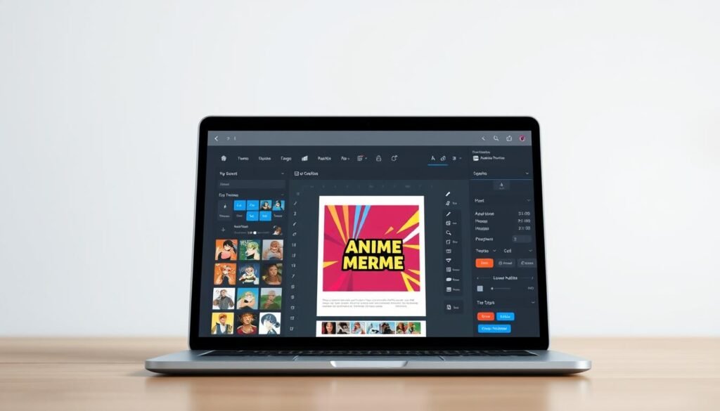 A sleek, modern meme generator interface set against a clean, minimalist background. The foreground features a stylized laptop or tablet device displaying a vibrant, customizable meme template. The middle ground showcases various meme-making tools and editing options, conveying the versatility and user-friendliness of the platform. The background has a subtle, blurred gradient, creating a sense of depth and focus on the central meme generator. The overall mood is one of efficiency, creativity, and a touch of playfulness, reflecting the joy of crafting and sharing memorable memes.